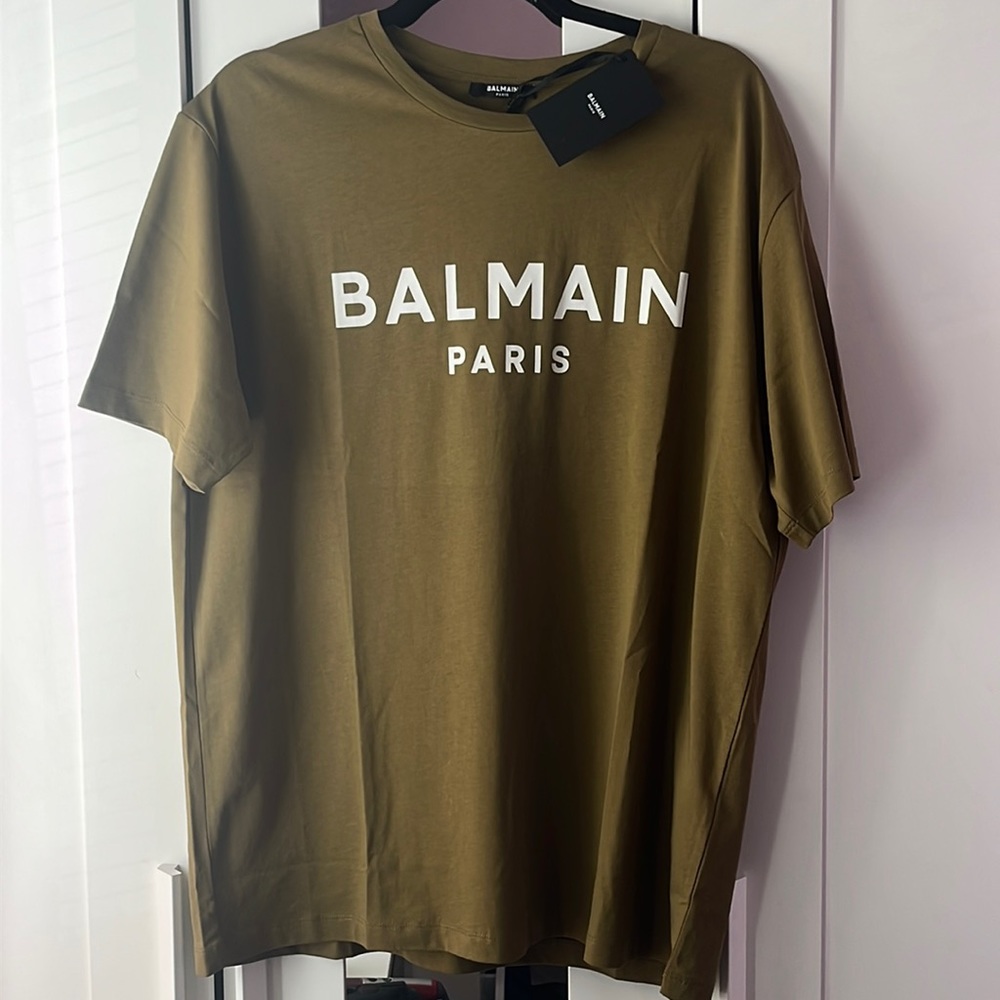 BALMAIN KHAKI COTTON CREWNECK LOGO T-SHIRT SIZE MEDIUM BRAND NEW - Picture 2 of 8